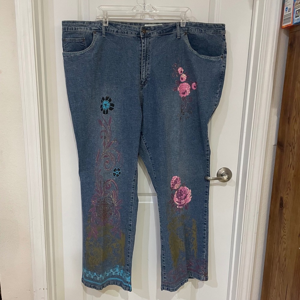 Denim 24/7 Womens Plus Size 30 Floral Embroidered Sequin Linen Blend Jeans Blue